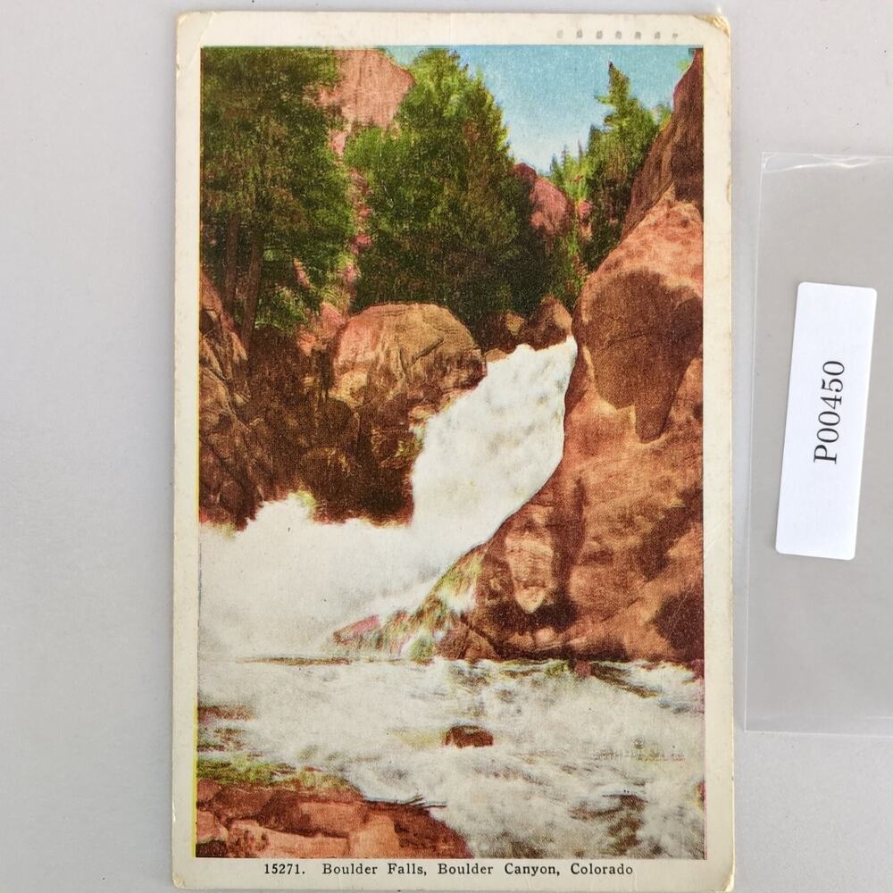 Boulder Falls Canyon Colorado 1940s Linen Postcard 1952 CO PC
